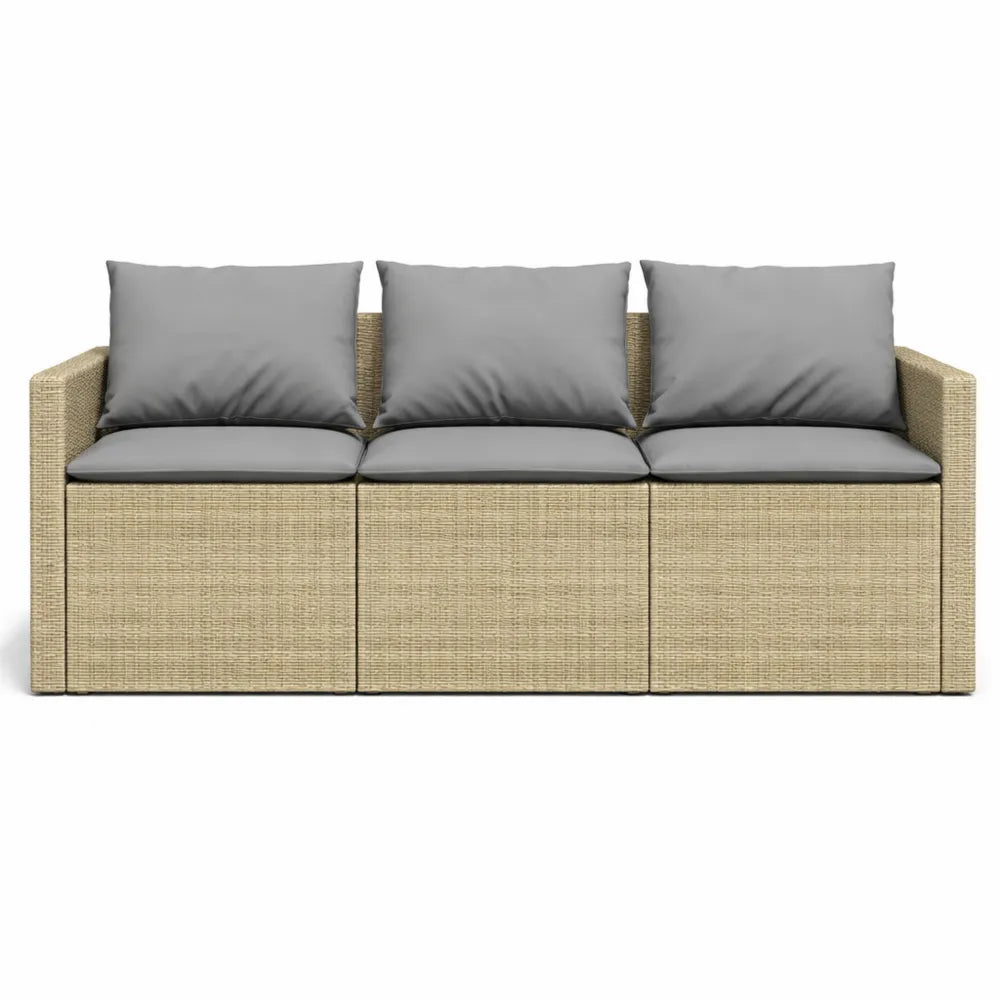 Canapé d'Extérieur 3 Places en Résine Tressée Beige avec Coussins