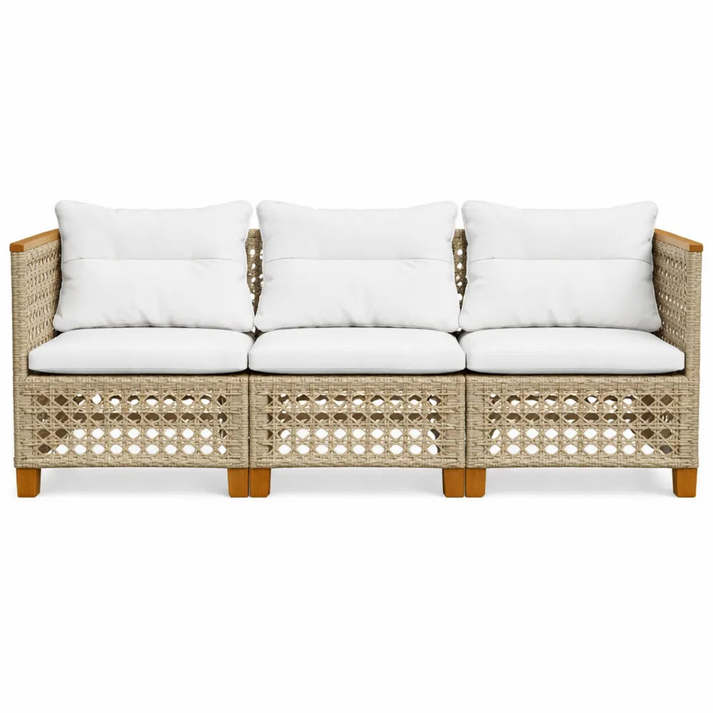 Sofa d'extérieur 3 places avec coussins beige en résine tressée