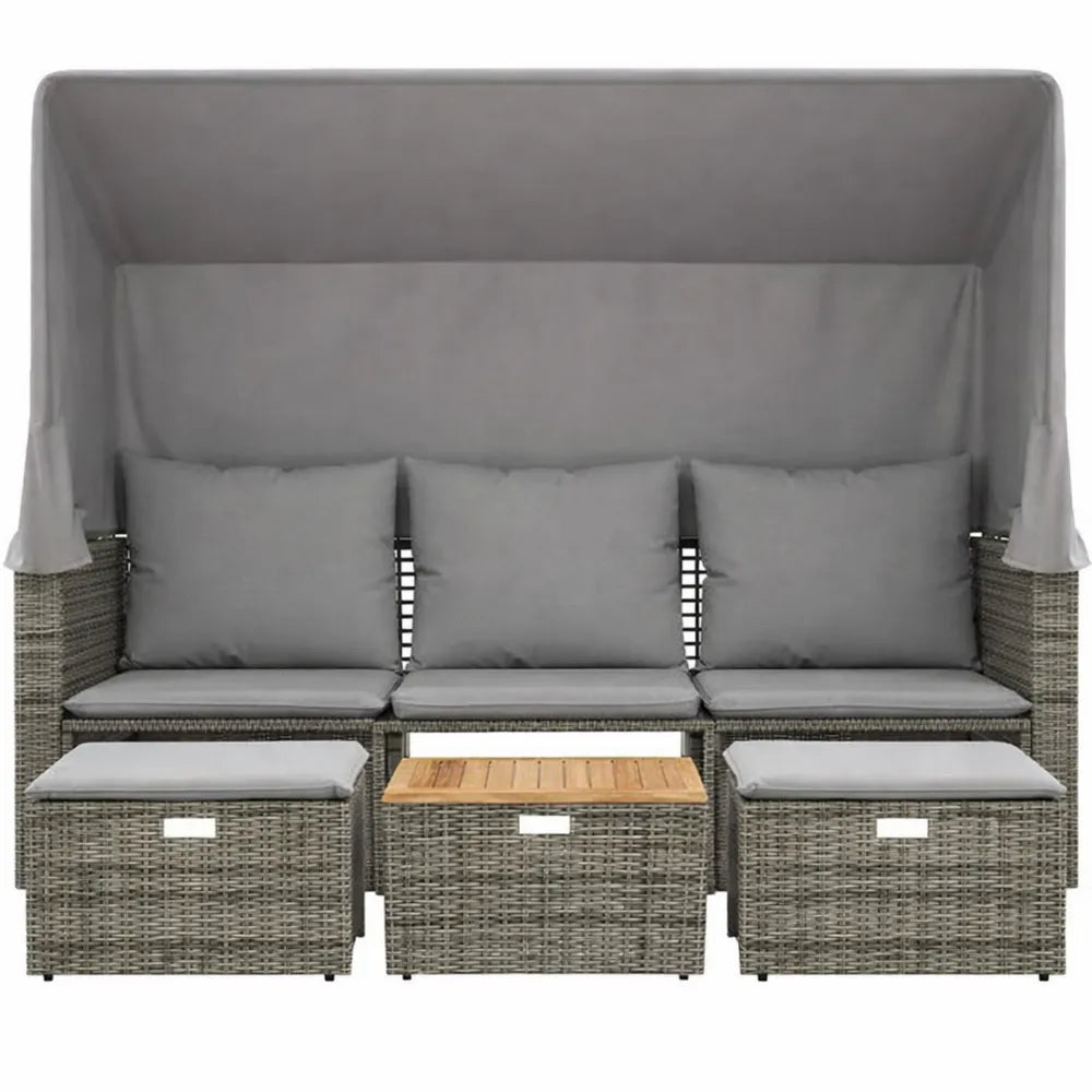 Ensemble de Salon de Jardin 3 Places avec Auvent et Tabourets Gris