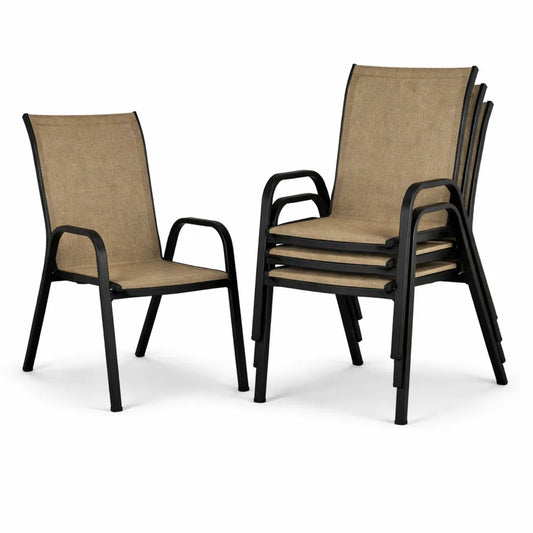 Ensemble de 4 chaises de jardin empilables ergonomiques en métal, capacité 135 kg, dossier haut, marron